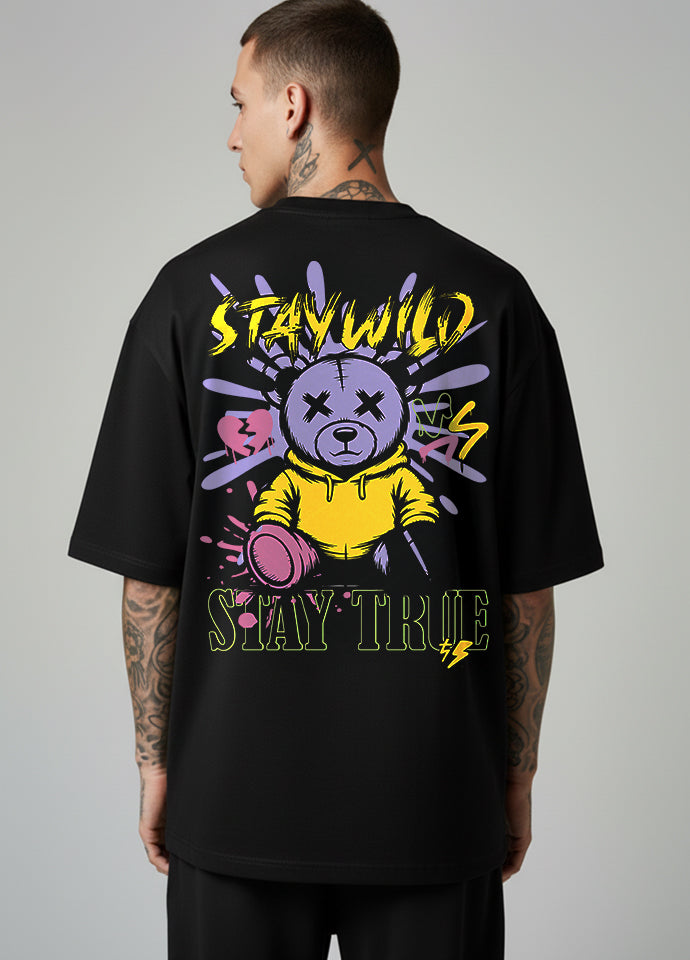 Tricou Oversize Negru – Stay Wild Stay True Bear