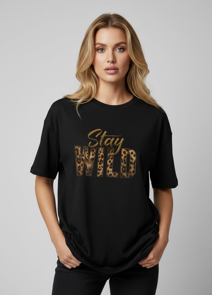 Tricou Oversize Negru – Stay Wild – Leopard Print Gold