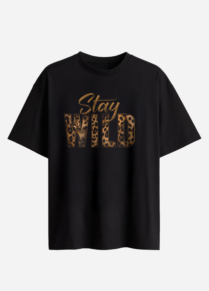 Tricou Oversize Negru – Stay Wild – Leopard Print Gold