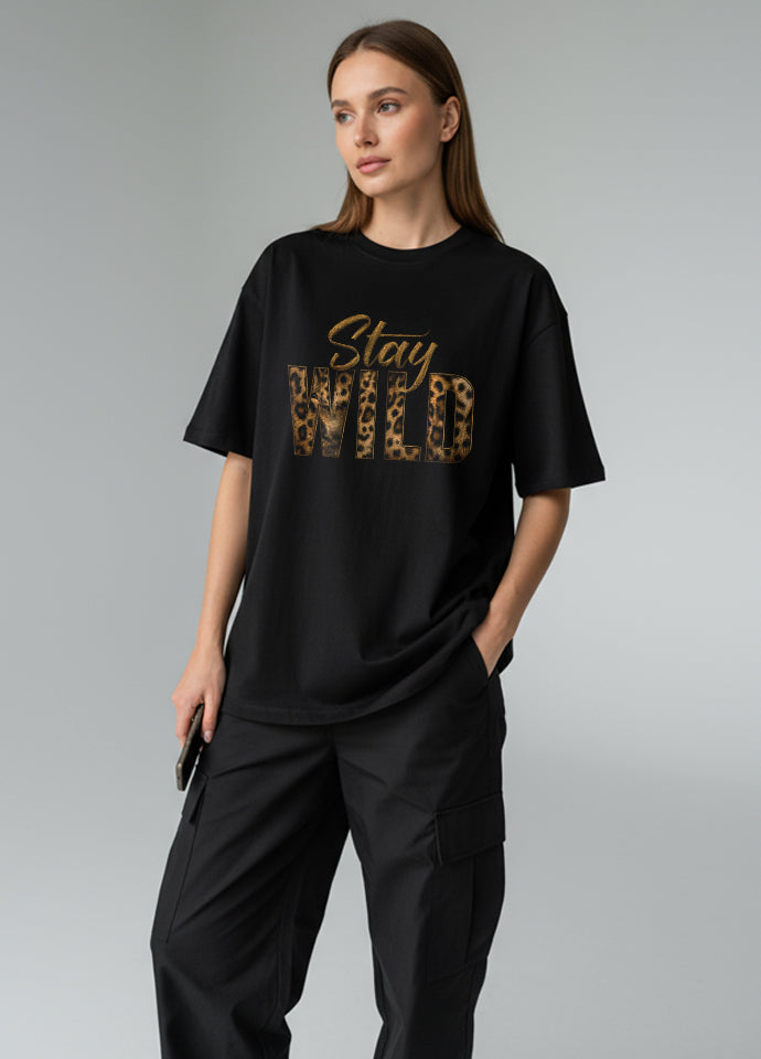 Tricou Oversize Negru – Stay Wild – Leopard Print Gold