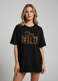 Tricou Oversize Negru – Stay Wild – Leopard Print Gold